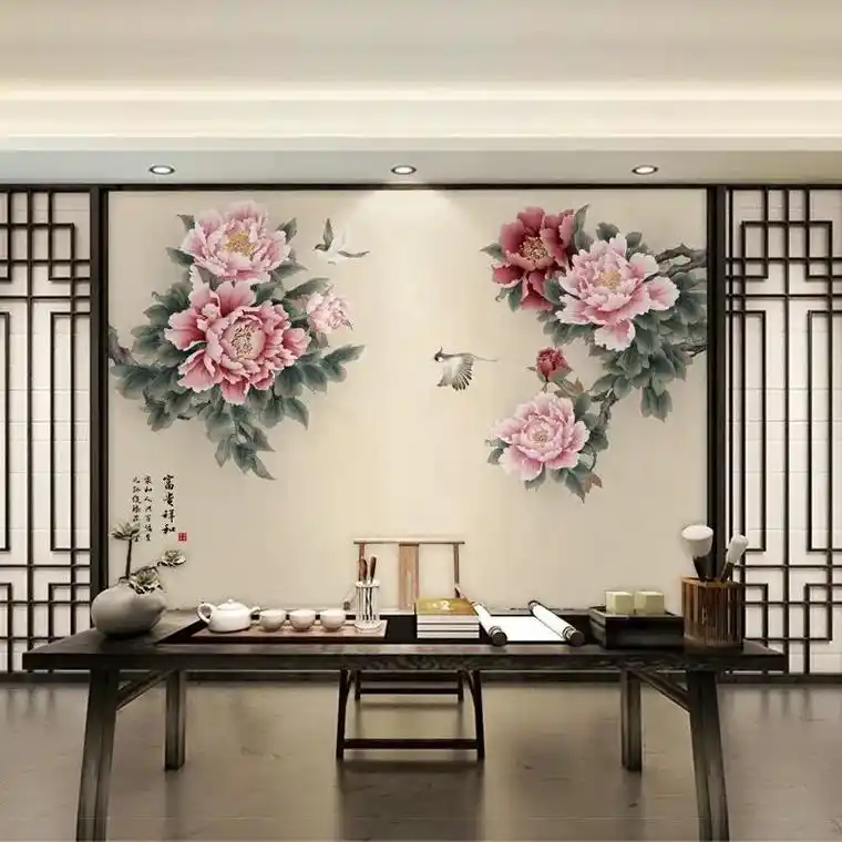 牡丹花电视背景墙壁纸现代中式客厅影视墙纸.