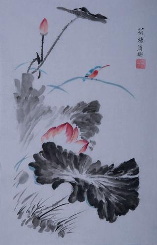 纯手绘中国画古典没骨花鸟条幅荷花翠鸟字画新中式卧室客厅装饰画