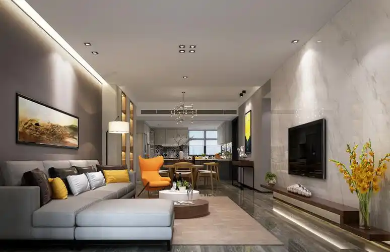 客厅装修实景图片欣赏-87平米现代风格客餐厅厨房直通效果图-齐装网