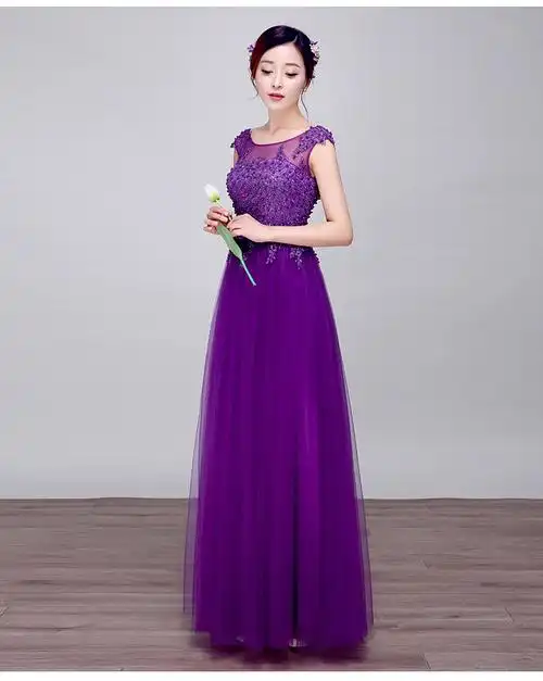 2016新款夏季高档一字肩礼服 新娘紫色晚礼服演出服厂家批发q05