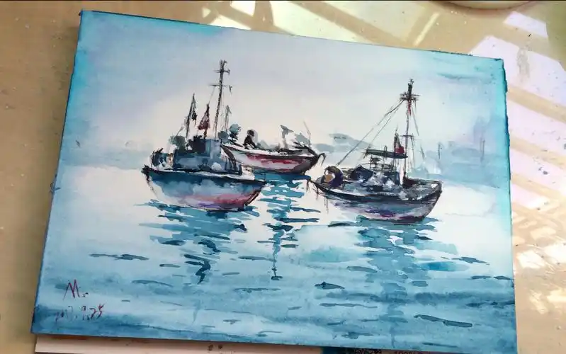 手绘一幅写意的水彩帆船