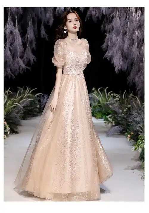 十八成人礼宴会连衣裙仙气长款学生主持人礼服香槟色长度145cm左右s