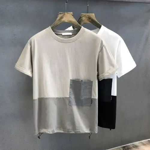 潮牌港版立体裁剪拼接短袖t恤男士衣服夏季休闲工装上衣男体恤衫