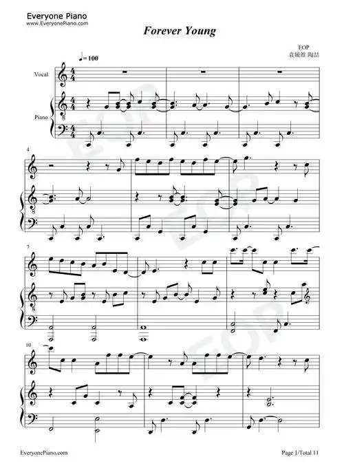 forever young-钢琴谱文件(五线谱,双手简谱,数字谱,midi,pdf)免费