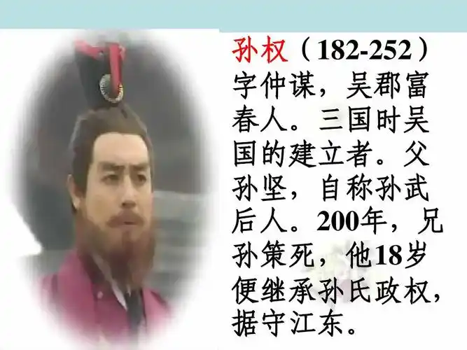 200年,兄 孙策死,他18岁 便继承孙氏政权, 据守江东.