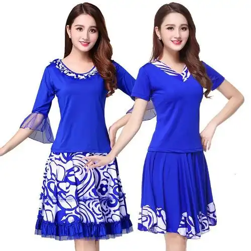 广场舞服装新款套装春夏季青花瓷牛奶丝短袖中老年人跳舞广场服