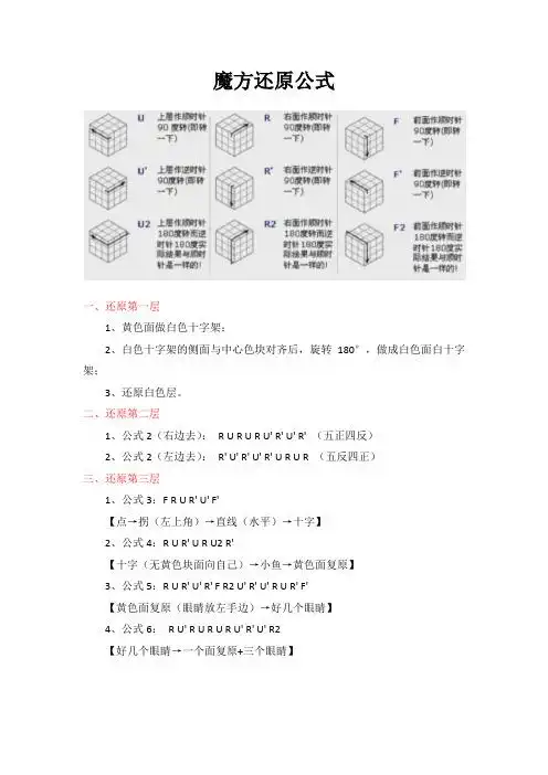 魔方还原公式 一,还原第一层 1,黄色面做白色十字架; 2,白色十字架的