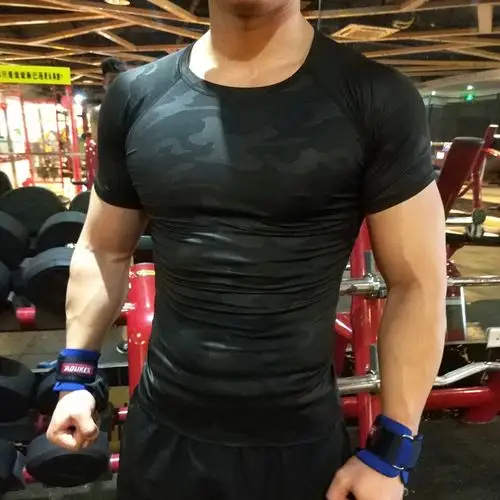 紧身衣男短袖夏运动健身服跑步篮球弹力速干透气薄款黑色迷彩上衣
