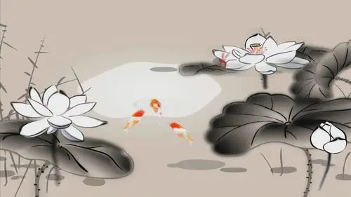 古风素材舒雅水墨荷花蜻蜓鲤鱼中国风元素背景视频