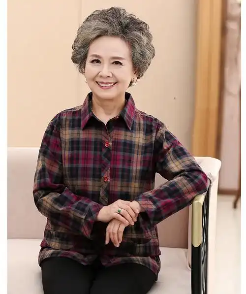 老人纯棉衬衫长袖格子老太太春秋上衣服奶奶中老年人女装妈妈全棉