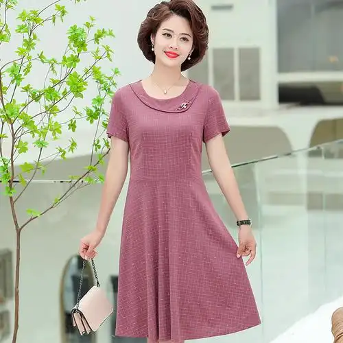 中年女装短袖连衣裙中长款韩版显瘦妈妈时尚洋气夏天裙子新款