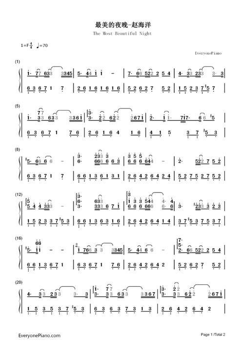 最美的夜晚 赵海洋夜色钢琴曲 双手弹奏 简谱