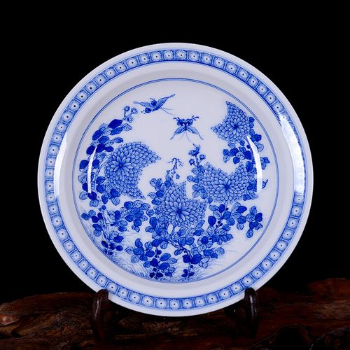 澳颜莱景德镇陶瓷仿古瓷挂盘台面装饰摆件 绘画青花菊蝶图陶瓷 菊蝶图