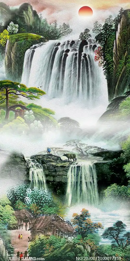 红日下的中式山水画装饰画psd素材