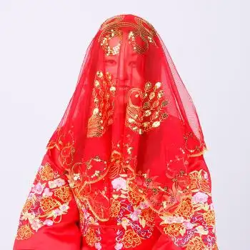 新品新娘龙凤盖头中式婚礼新娘红头盖 凤凰 刺绣 结婚盖头大红盖头