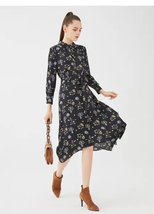 玖姿2021春季新款时尚不规则收腰雪纺女连衣裙 花黑 xl