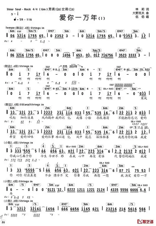 爱你一万年简谱-林莉词 大野克夫曲,编配乐谱伍佰--曲谱网