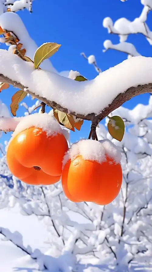 雪中柿子特写柿柿如意红红火火