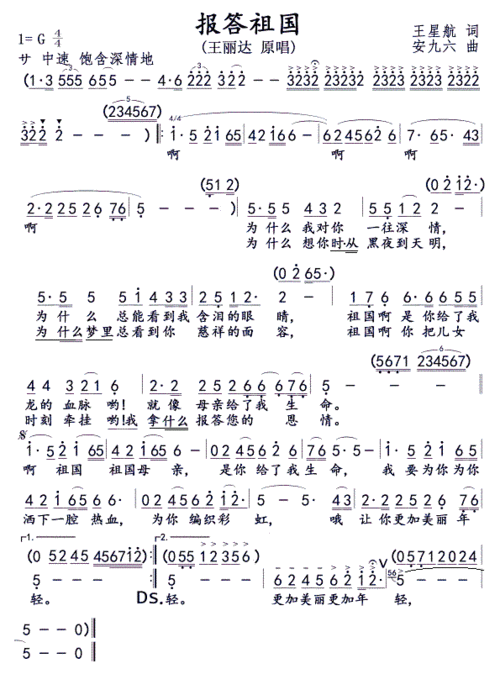 报答祖国 王丽达 歌谱 简谱