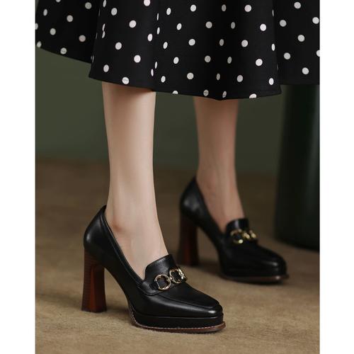 真皮方头高跟鞋女春秋季2025年新款百搭复古风小众粗跟防水台单鞋