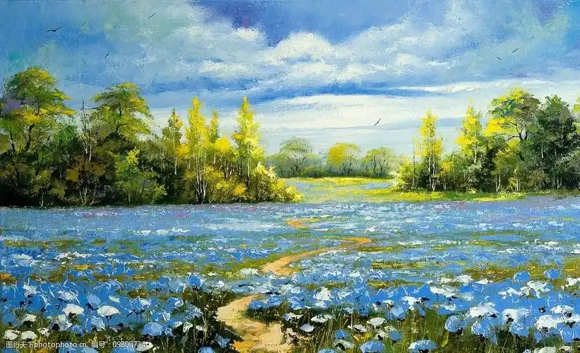 关键词:花海油画 油画 花朵 天空 小鸟 自由 快乐 小径 绿树 风景漫画