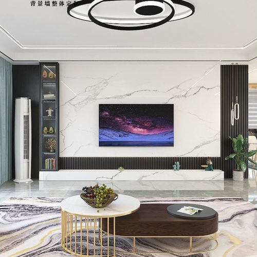 大理石材电视背景墙悬空瓷砖现代简约轻奢客厅格栅高档影视墙新款