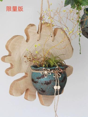 带实木板悬挂粗陶罐手工花盆做旧花器复古花器田园风格壁挂花插