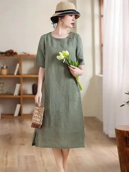 民族风棉麻连衣裙女夏季薄款高端小个子旗袍改良中年妈妈亚麻裙子