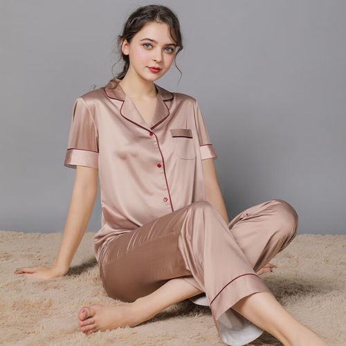 清丝坊大码真丝睡衣女200mm加肥加大夏季薄款红色家居绸套装 浅咖色 m