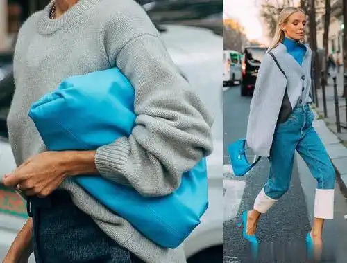 休闲还风格化的蓝灰组合造型,上图中两种秀场推荐,莫兰迪色系的搭配