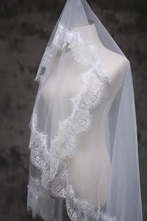 2019新款新娘头纱拍照森系梦幻抖音旅拍主婚纱蕾丝花边软纱褶皱纱