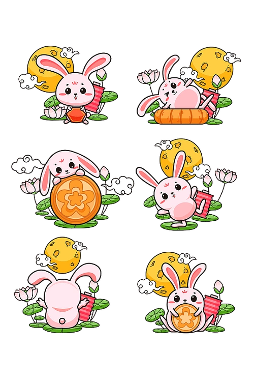 中秋卡通手绘兔子月饼素材