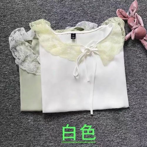 尹振天雪纺衫夏季雪纺蝴蝶结荷花边宽松显瘦蕾丝花边上衣女 白色 s