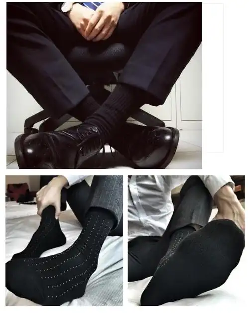 园洁男士商务袜高筒西袜全绅士长筒男袜抽条纹波点黑色长筒商务袜四款