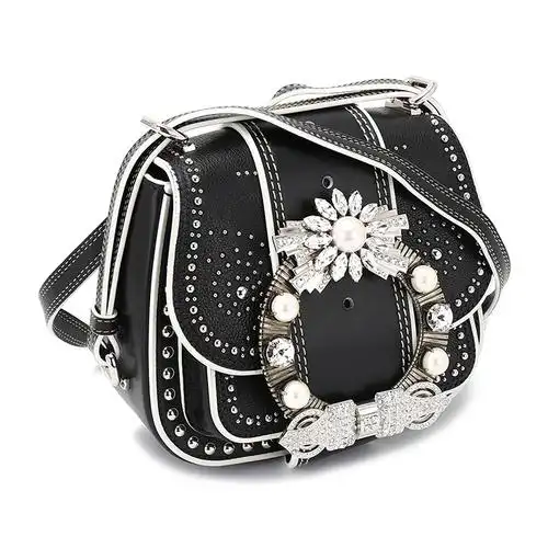 miumiu(缪缪)#黑色皮质水钻装饰女士斜挎包