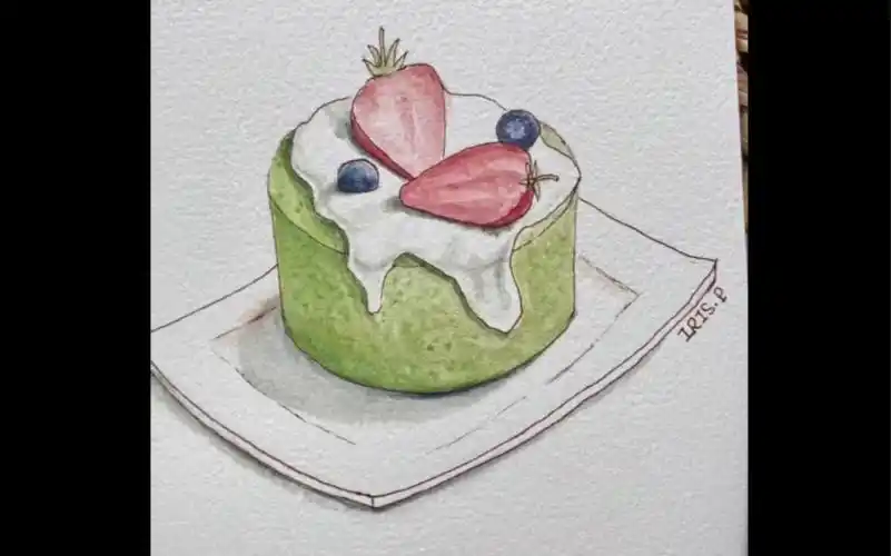一分钟水彩教程:钢笔淡彩的抹茶蛋糕