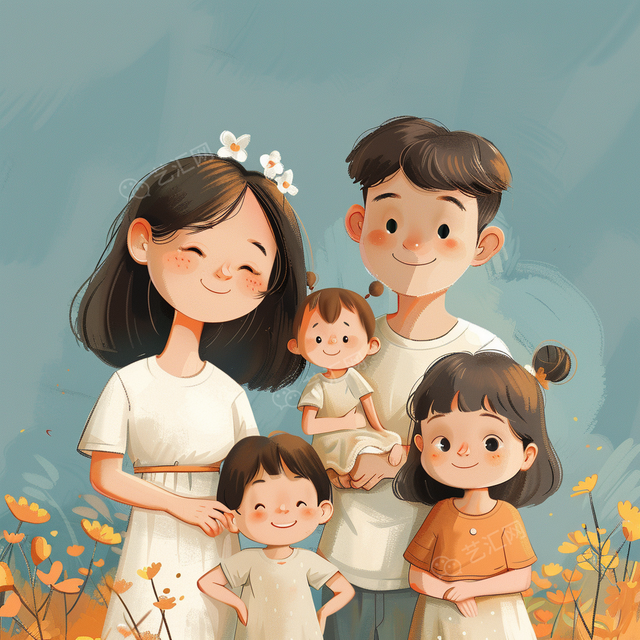 亲子头像|五口之家,三女儿绽放的幸福画卷