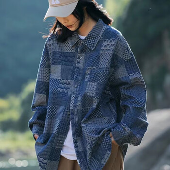 秋季2022新款男士满印格子翻领长袖衬衫复古休闲男女情侣款衬衣 蓝色